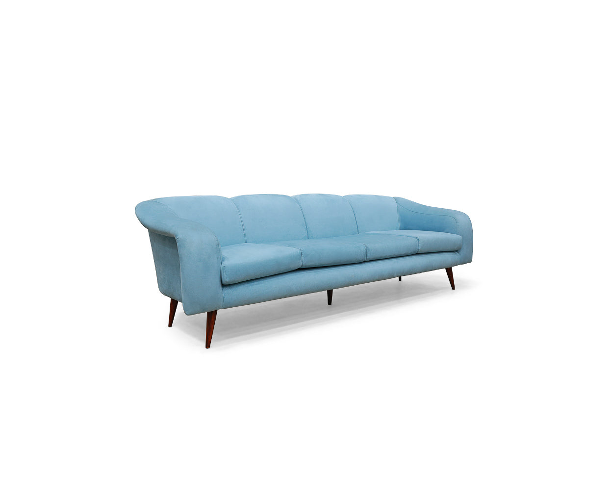 “Curva” Sofa in Hardwood and Light Blue Fabric by Joaquim Tenreiro, 1950s - Lot 380