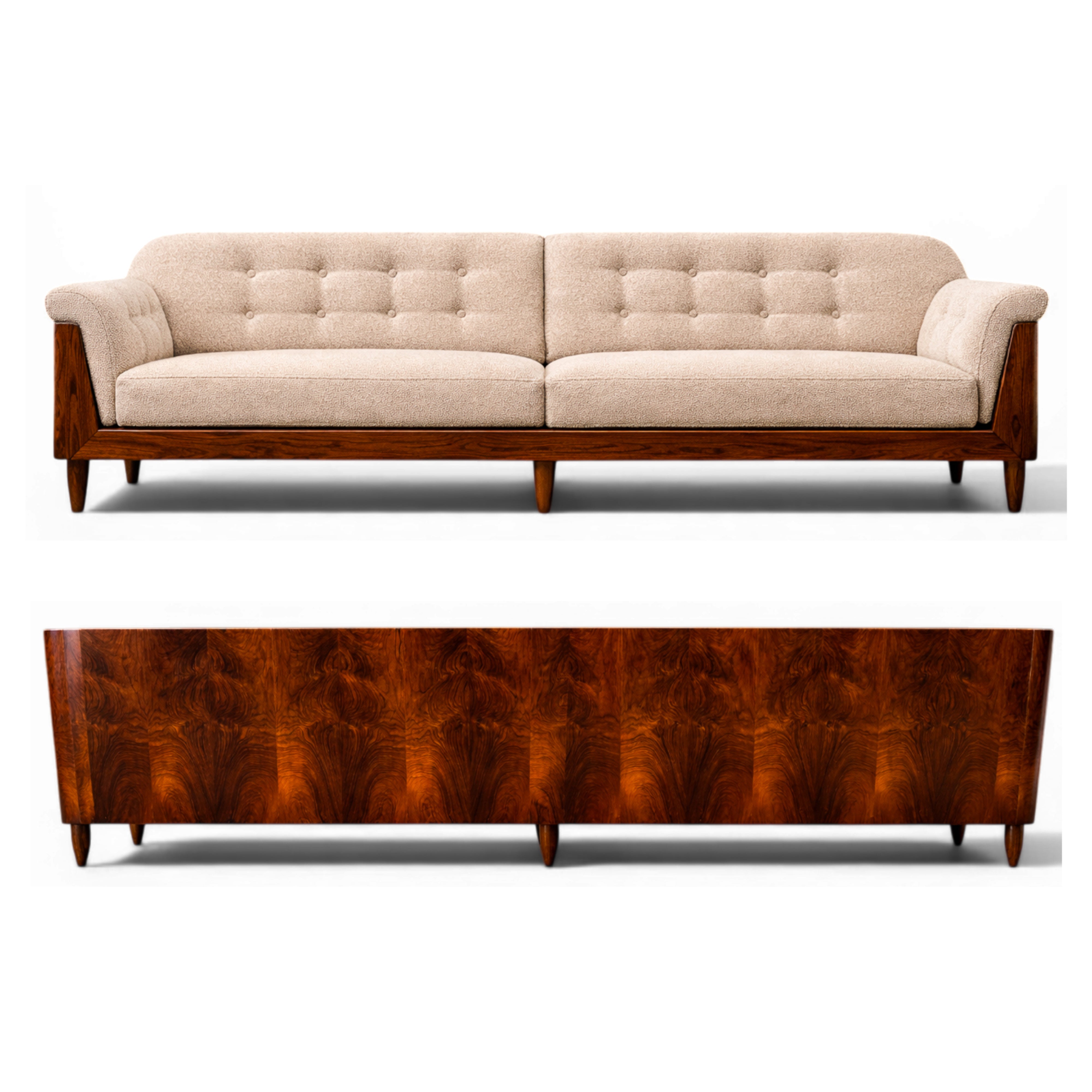 JD Móveis Brazilian Rosewood Four-Seat Sofa in Warm Oatmeal Bouclé