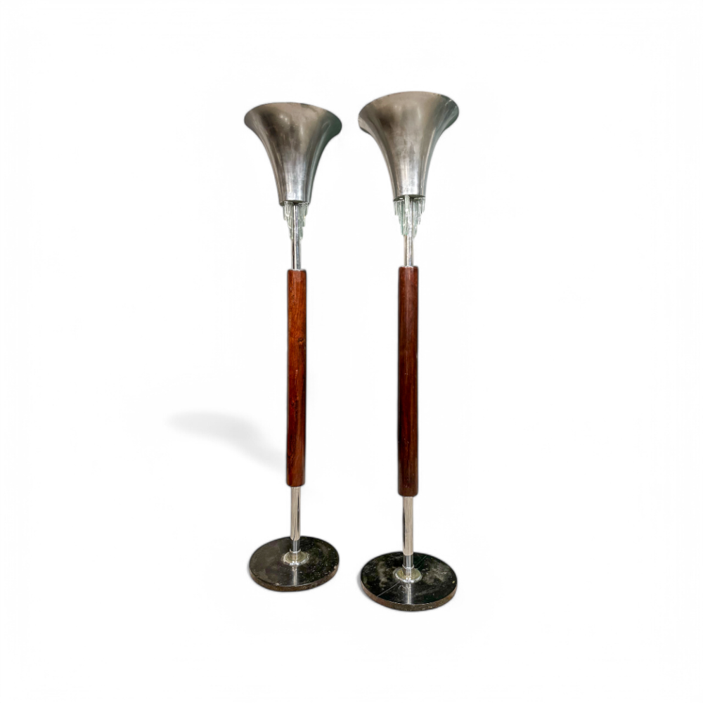 Pair of “Torchierre” Floor Lamps in Rosewood, Crystal & Metal, Unknown, 1950s - Lot 474