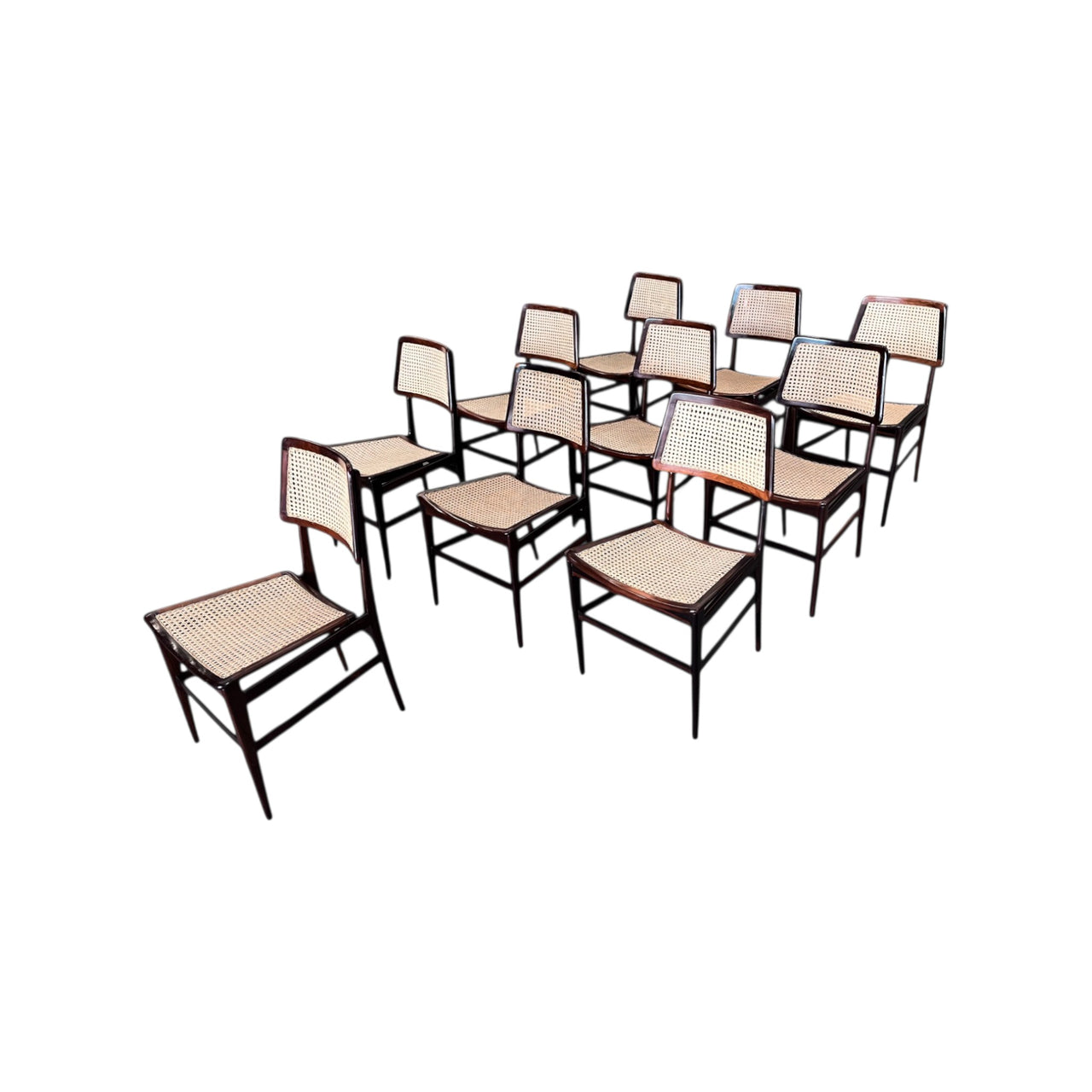 Set of 10 Chairs in Hardwood & Cane, Joaquim Tenreiro, 1960s - Lot 589-749-753-849
