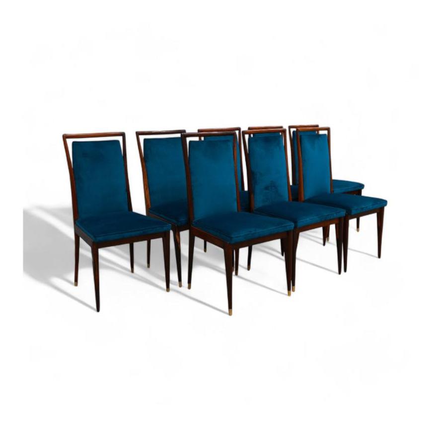 Set of 8 Dining Chairs in Hardwood and Blue Fabric by Giuseppe Scapinelli, c. 1950 - Lot 366