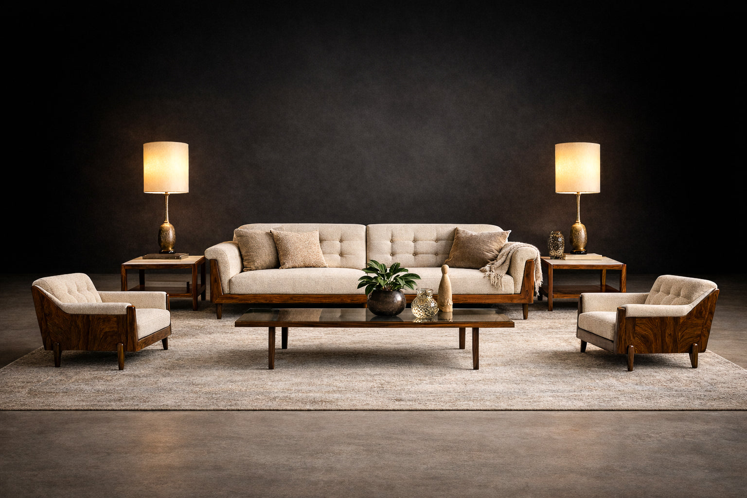 JD Móveis Brazilian Rosewood Four-Seat Sofa in Warm Oatmeal Bouclé