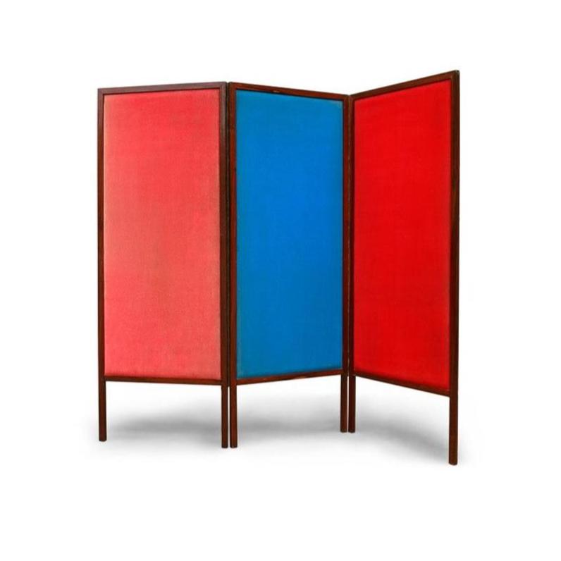 Room Divider in Rosewood and Blue & Red Fabric, Sergio Rodrigues, 1960s - Lot 191