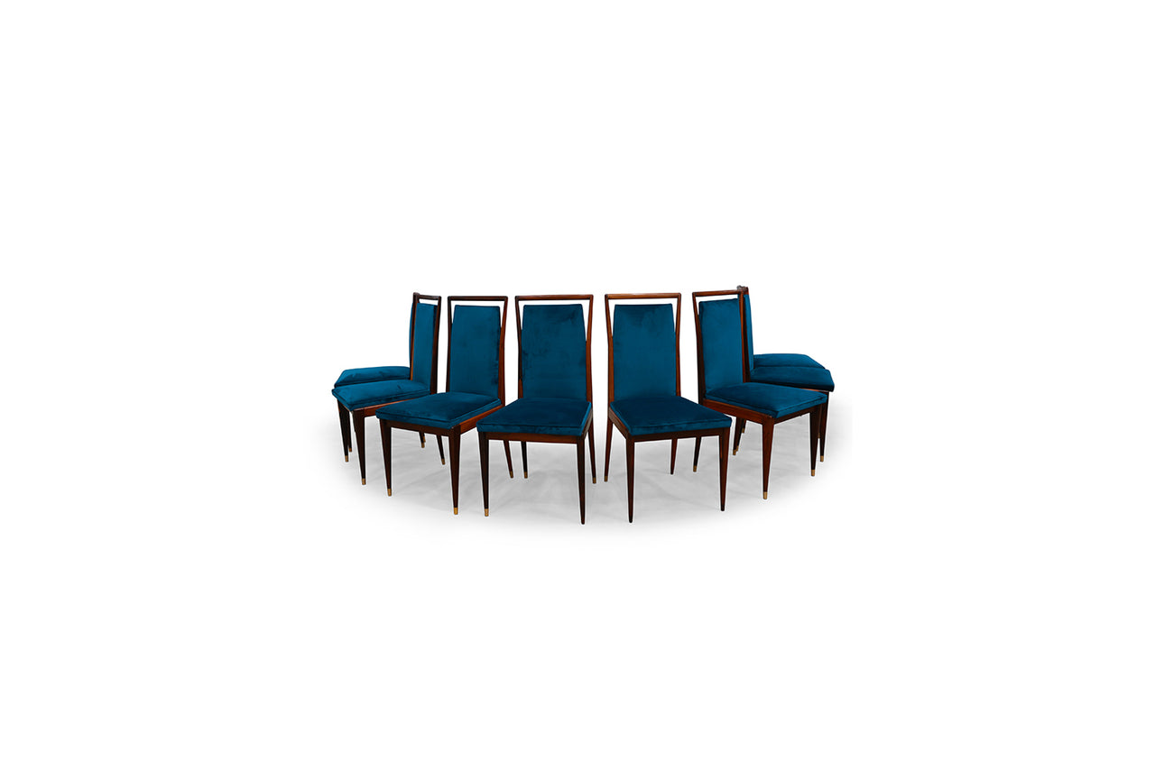 Set of 8 Dining Chairs in Hardwood and Blue Fabric by Giuseppe Scapinelli, c. 1950 - Lot 366