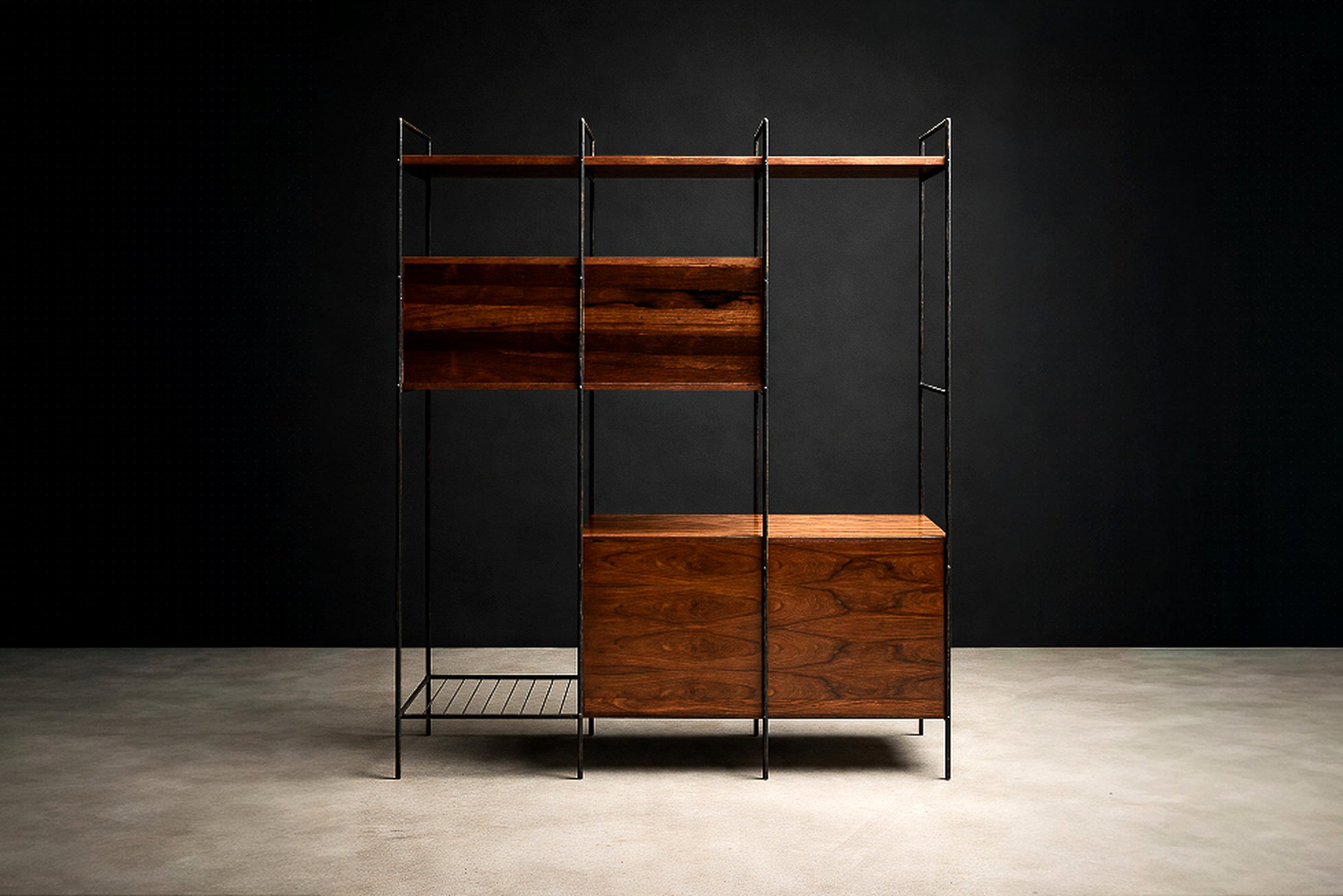 MF 710” Modular Bookshelf in Rosewood & Metal, Geraldo de Barros