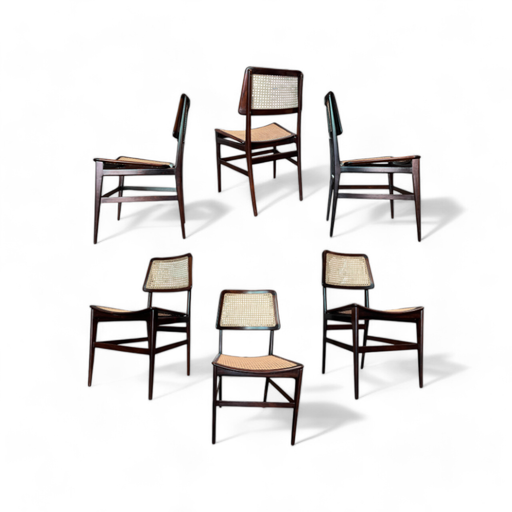 Set of 6 Chairs in Rosewood & Cane, Joaquim Tenreiro, 1960s - Lot 589-744-753